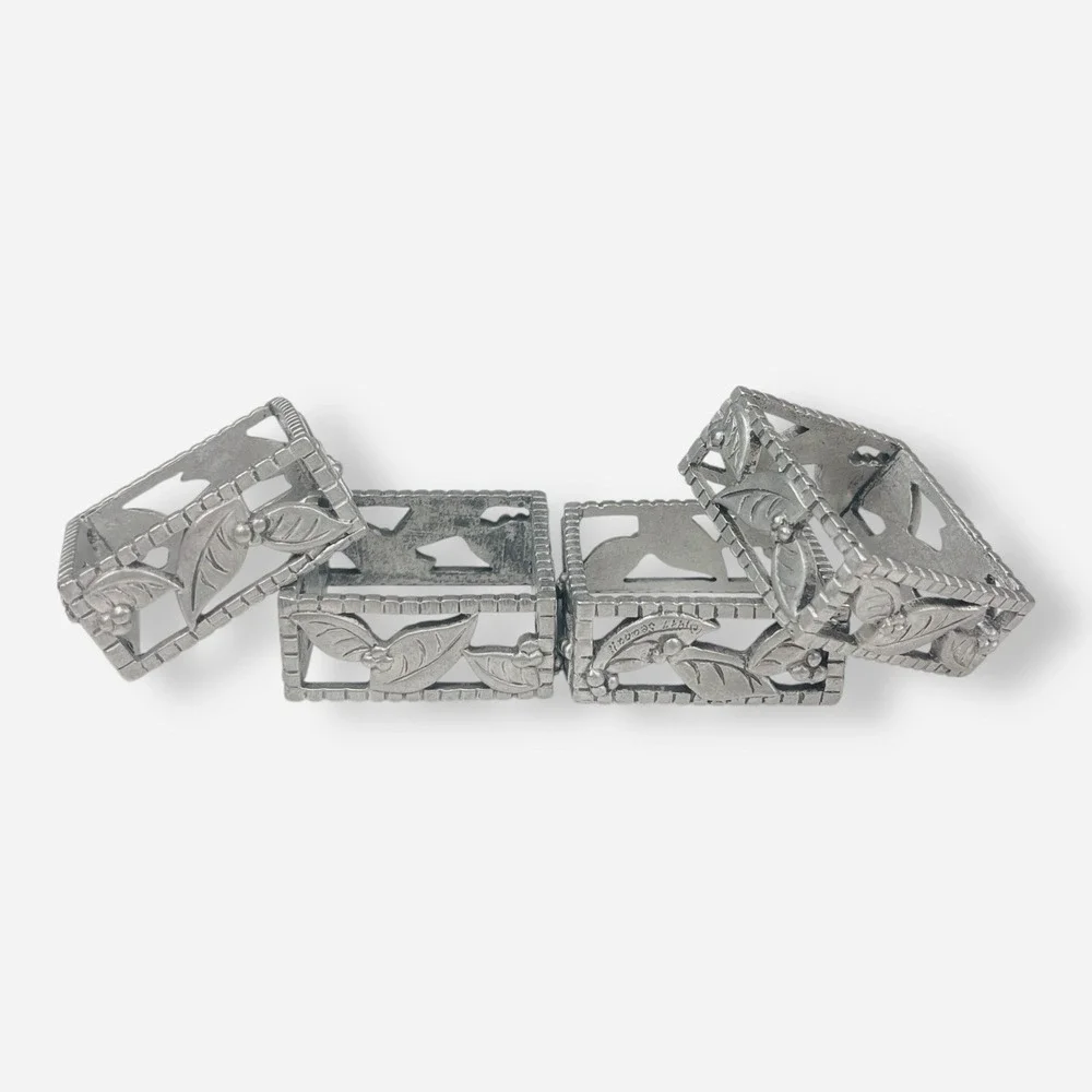 Vintage Seagull‎ Pewter Christmas Holly Leaf Napkin Rings Set 4 Square Silver